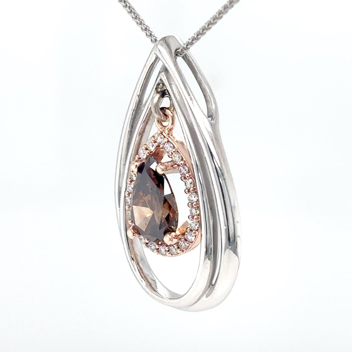 14KTT 1.16CTW CHOCOLATE PEAR-WHITE ROUND BRILLIANT DIAMOND PENDANT I2/FDOB-SI/G 4.2G