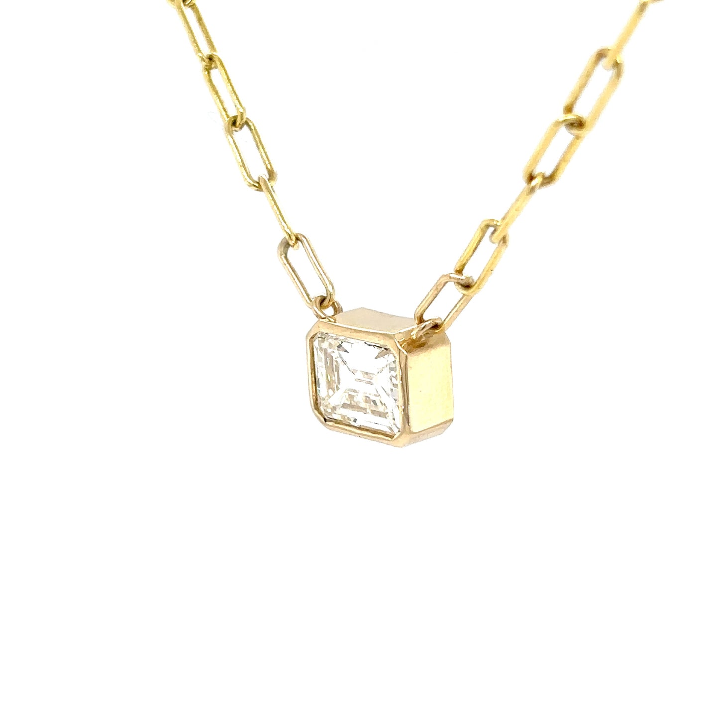14KY 18" 1.91CT EMERALD CUT DIAMOND PAPERCLIP BEZEL NECKLACE