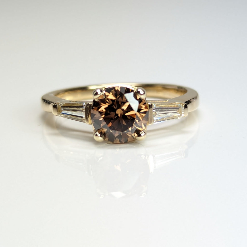 14KY 1.76CTW FANCY DARK ORANGE BROWN ROUND-BAGUETTE RING
