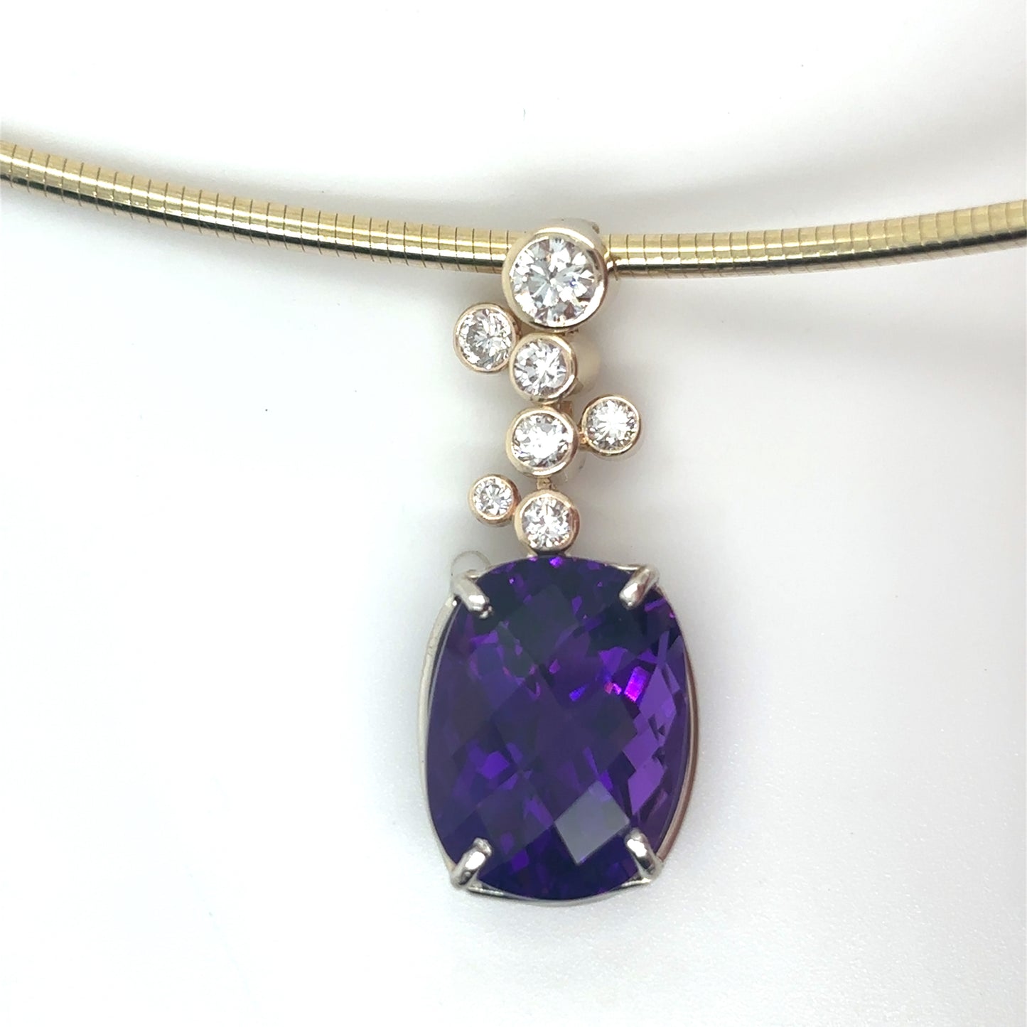 14KY 16" 2.0MM OMEGA 10.85CT AFRICAN AMETHYST-0.55CTW DIAMOND NECKLACE VS/F-G 16.5G