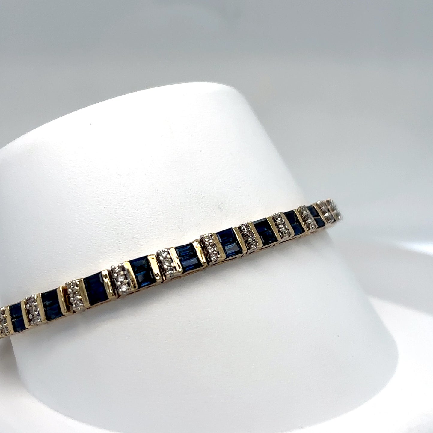14KY 7.25" 7.00CTW BAGUETTE SAPPHIRE-ROUND DIAMOND BRACELET "AA" SI/G-H 9.5G