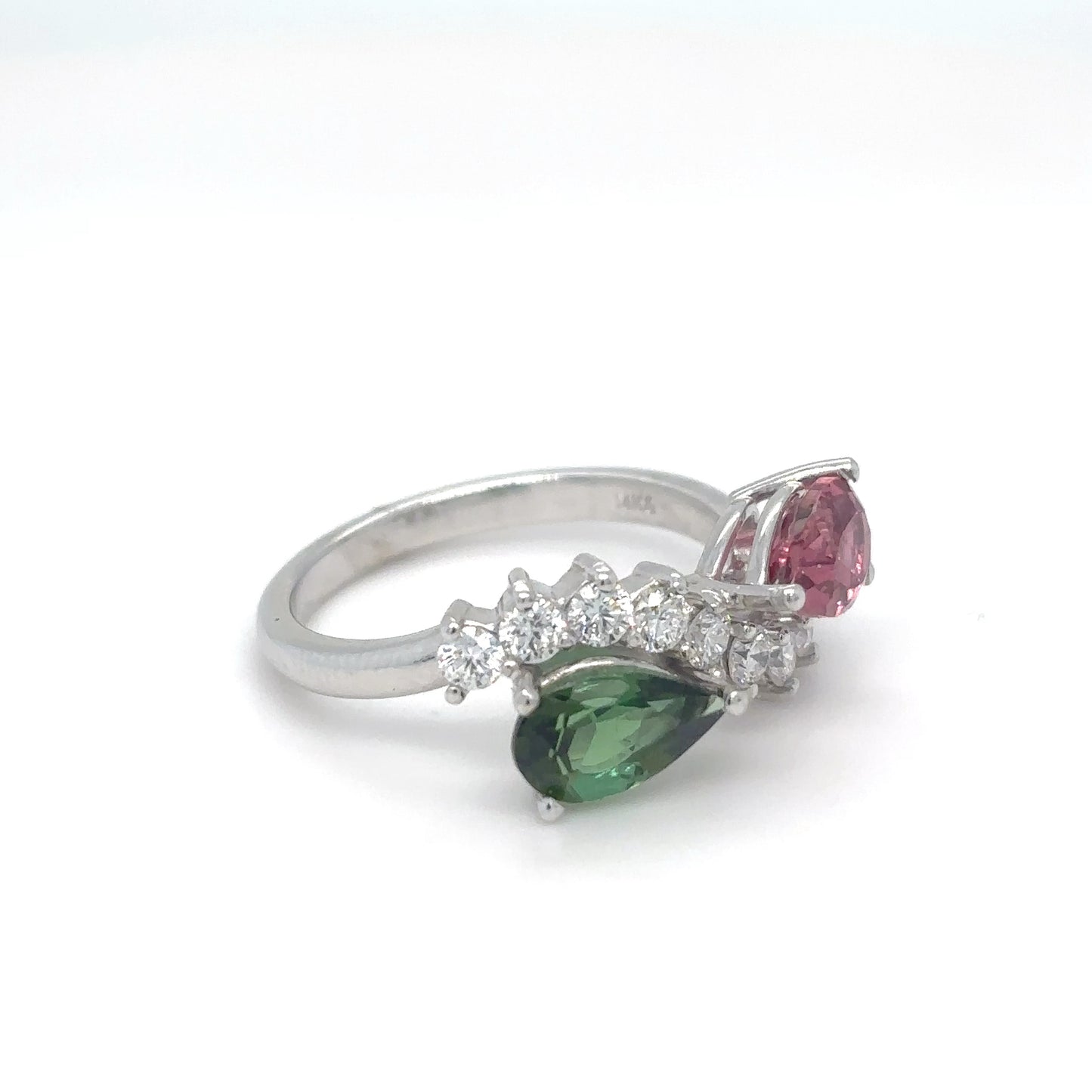 14KW 2.22CTW PINK/GREEN TOURMALINE-DIAMOND RING "AAA" VS2/F 3.8G