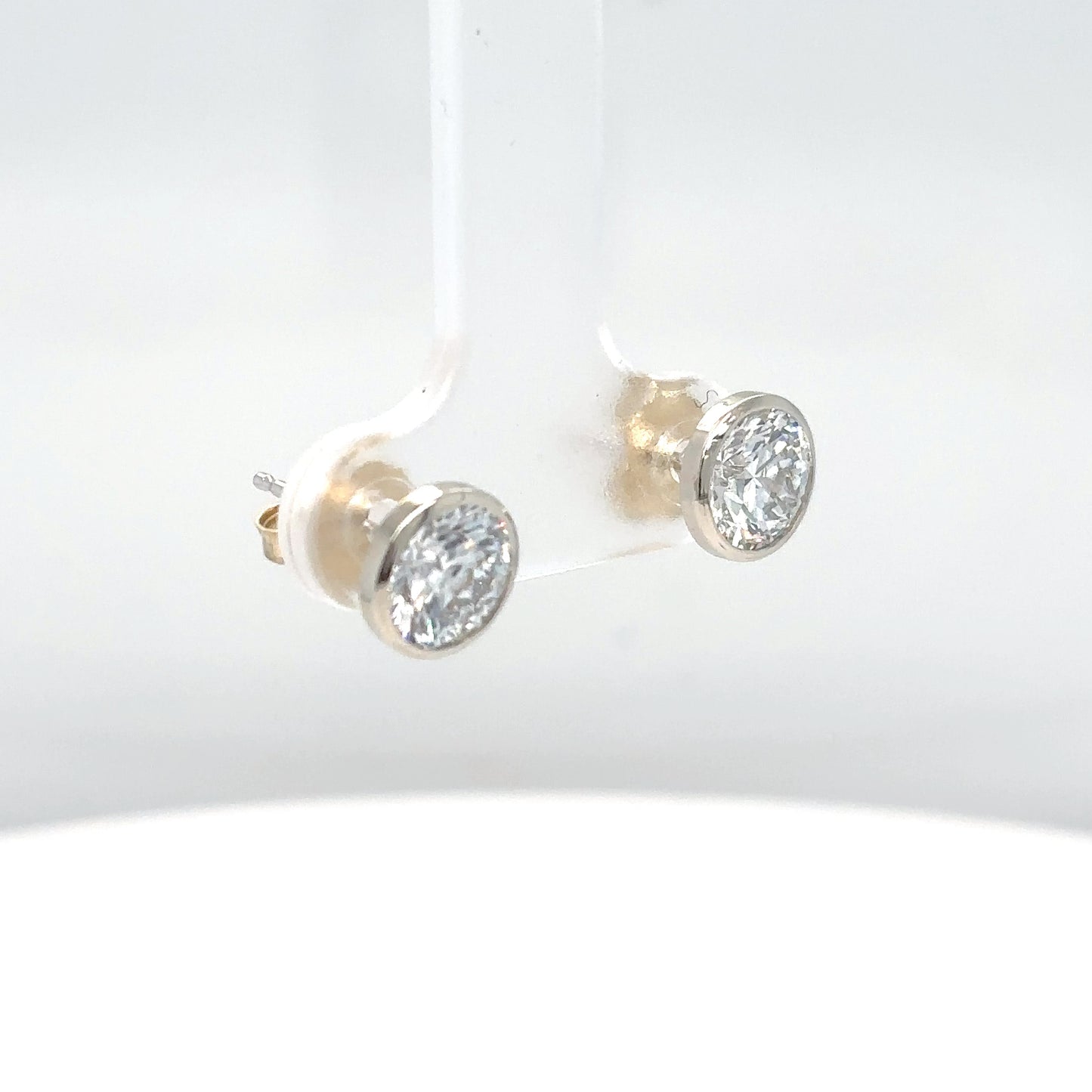 14KW 2.08CTW ROUND BRILLIANT LAB GROWN DIAMOND BEZEL SOLTAIRE EARRINGS IF/D