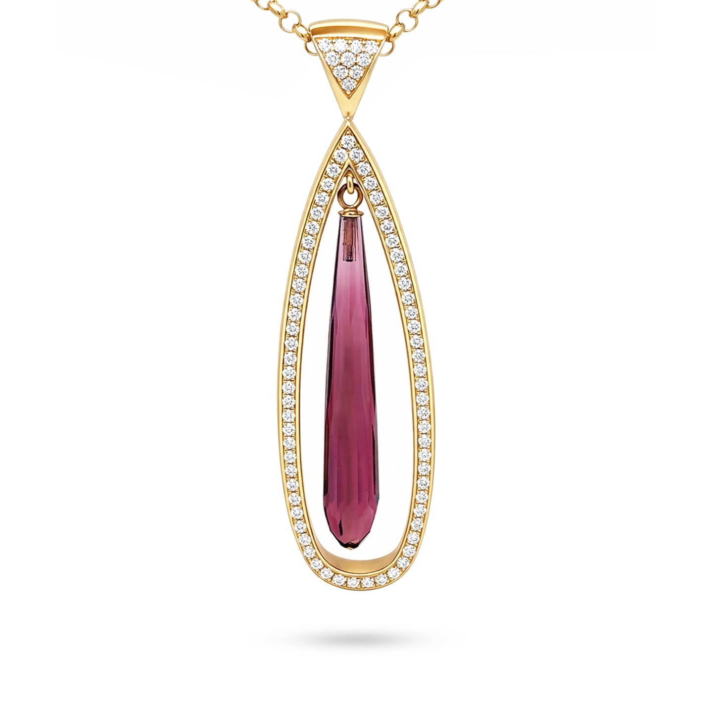 14KY 16" 9.50CTW PINK TOURMALINE-DIAMOND PENDANT "AAA" VS/F-G 17.5