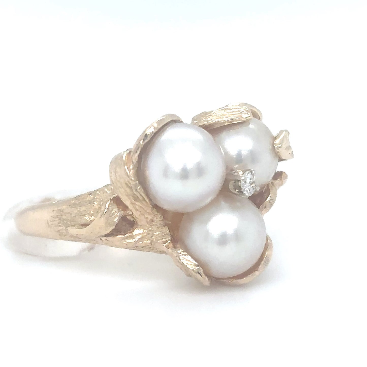 14KY 8.0-8.5MM THREE PEARL-0.05CT DIAMOND RING "AA" SI/G-H 11.1G