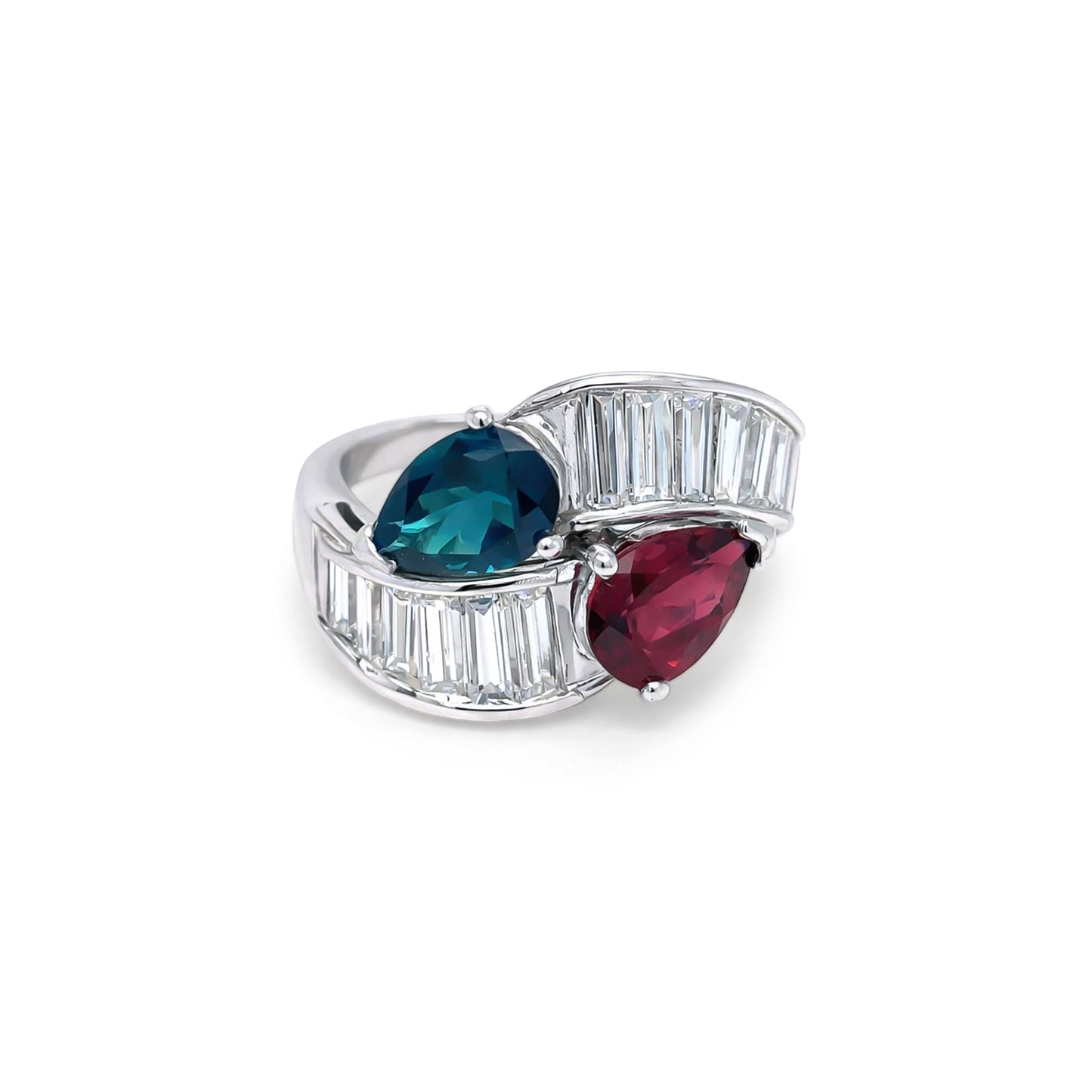 18KW 4.34CTW BLUE-PINK TOURMALINE-BAGUETTE DIAMOND RING "TOP GEM" VS/F-G 8.9G