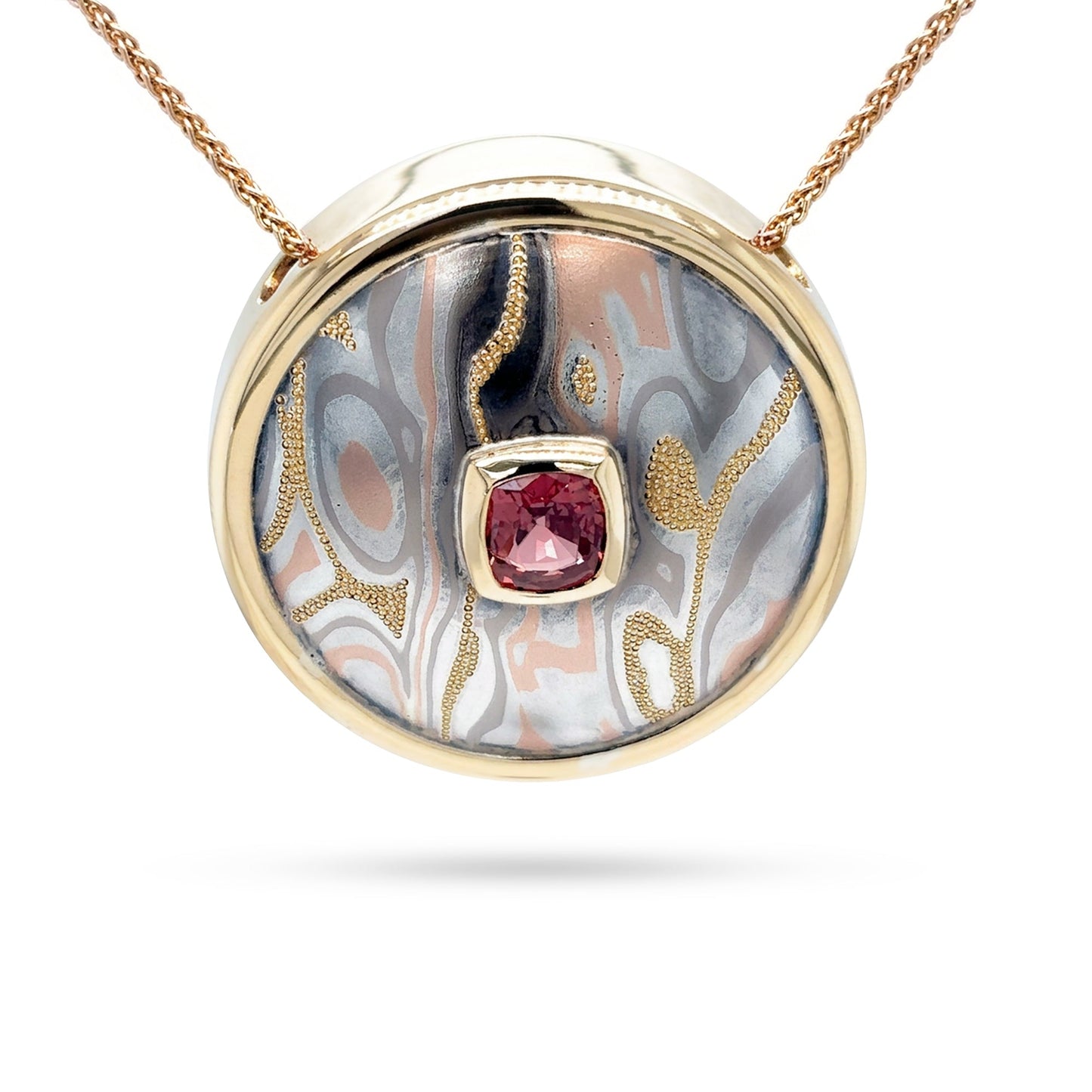 18KY 1.20CT CUSHION PADPARADSCHA SAPPHIRE MOKUME PENDANT 13.2G