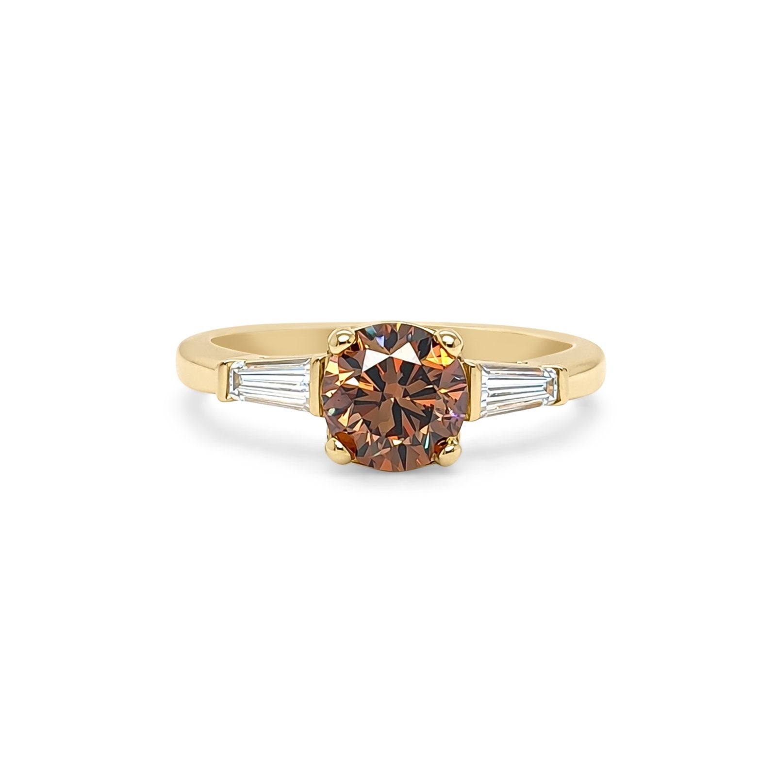 14KY 1.76CTW FANCY DARK ORANGE BROWN ROUND-BAGUETTE RING
