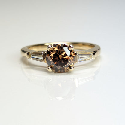 14KY 1.76CTW FANCY DARK ORANGE BROWN ROUND-BAGUETTE RING