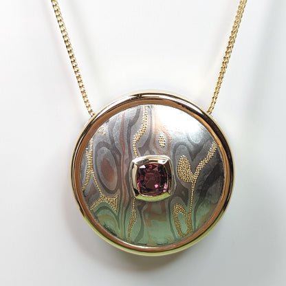 18KY 1.20CT CUSHION PADPARADSCHA SAPPHIRE MOKUME PENDANT 13.2G