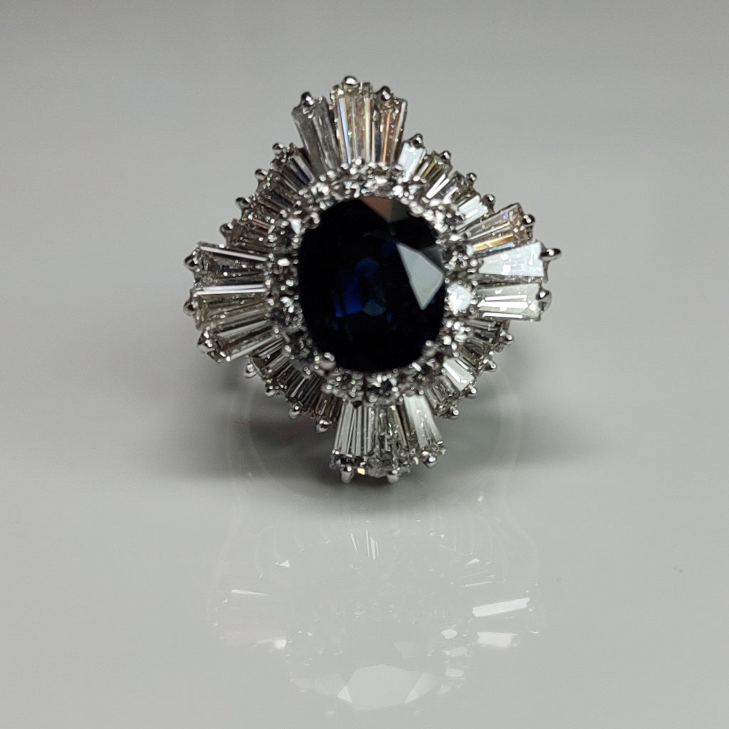 14KW 6.50CTW BLUE SAPPHIRE-BG/RBD DIAMOND BALLERINA RING "AA" VS-F/G 8.4G