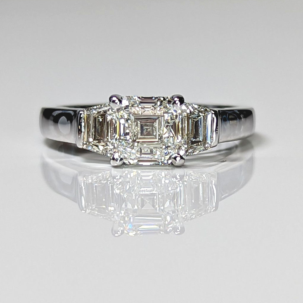 14KW 1.86CTW ASSCHER-TRAPEZE DIAMOND ENGAGEMENT RING