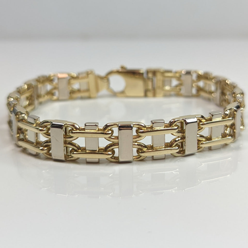 14KTT 9" 11MM FANCY LINK BRACELET 61.6G