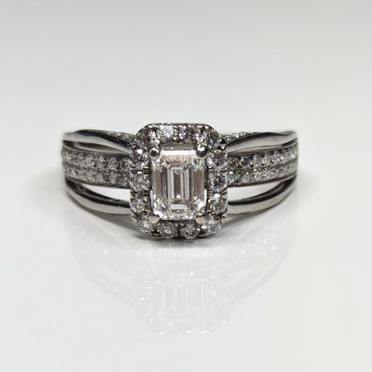 14KW 1.25CTW EMERALD CUT-ROUND DIAMOND HALO ENGAGEMENT RING VS/G-H 5.5G