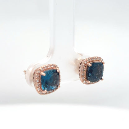 10KR 6MM LONDON BLUE TOPAZ-0.20CTW DIAMOND EARRINGS "AAA" SI/H-I  2.4G