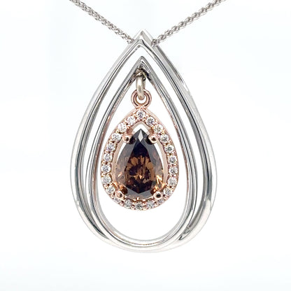 14KTT 1.16CTW CHOCOLATE PEAR-WHITE ROUND BRILLIANT DIAMOND PENDANT I2/FDOB-SI/G 4.2G