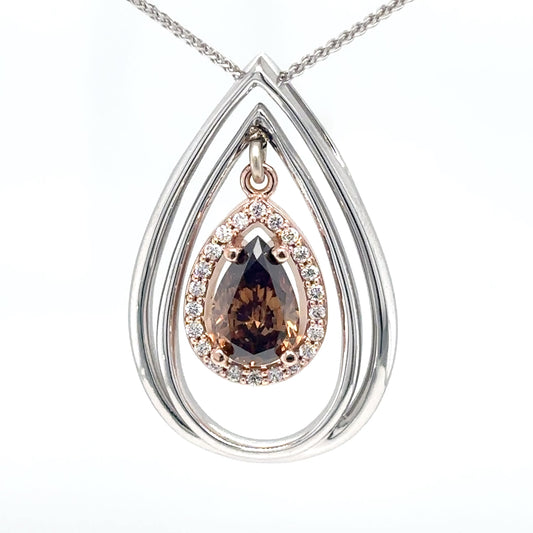 14KTT 1.16CTW CHOCOLATE PEAR-WHITE ROUND BRILLIANT DIAMOND PENDANT I2/FDOB-SI/G 4.2G