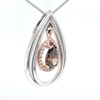 14KTT 1.16CTW CHOCOLATE PEAR-WHITE ROUND BRILLIANT DIAMOND PENDANT I2/FDOB-SI/G 4.2G