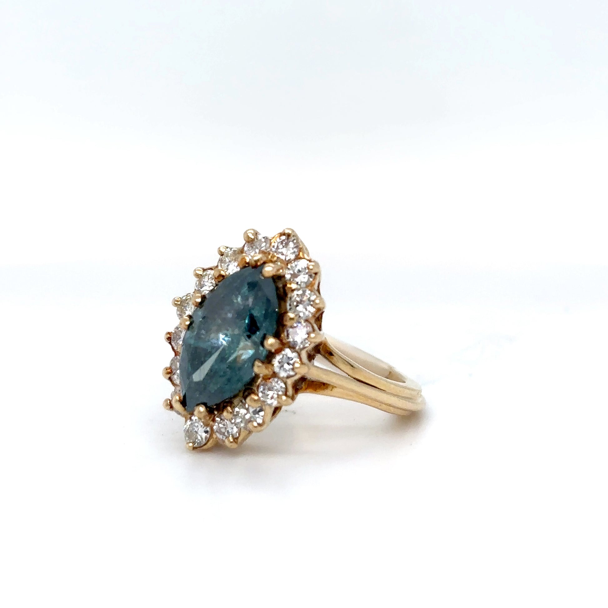 14KY 3.55CTW MARQUISE ENHANCED BLUE-WHITE DIAMOND RING