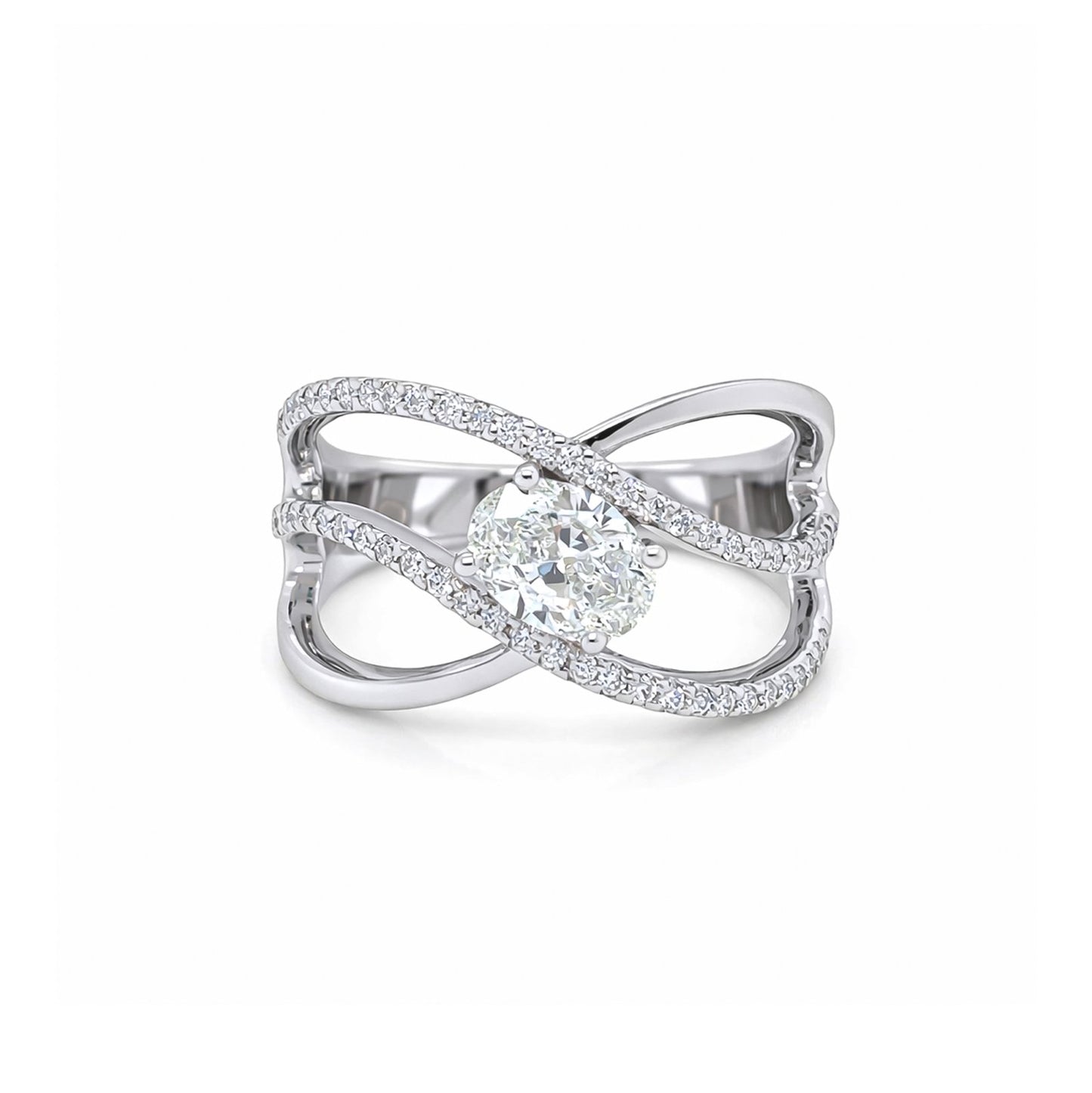 14KW 1.20CTW OVAL-ROUND BRILLIANT DIAMOND CROSSOVER RING SI1/I 5.0G