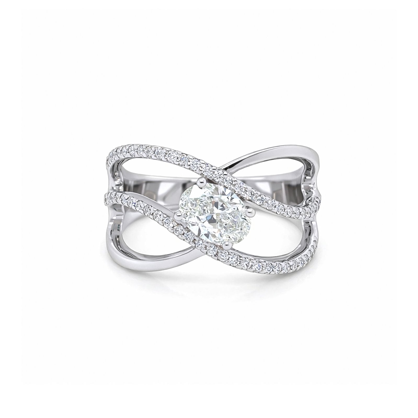 14KW 1.20CTW OVAL-ROUND BRILLIANT DIAMOND CROSSOVER RING SI1/I 5.0G
