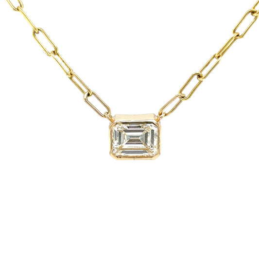 14KY 18" 1.91CT EMERALD CUT DIAMOND PAPERCLIP BEZEL NECKLACE