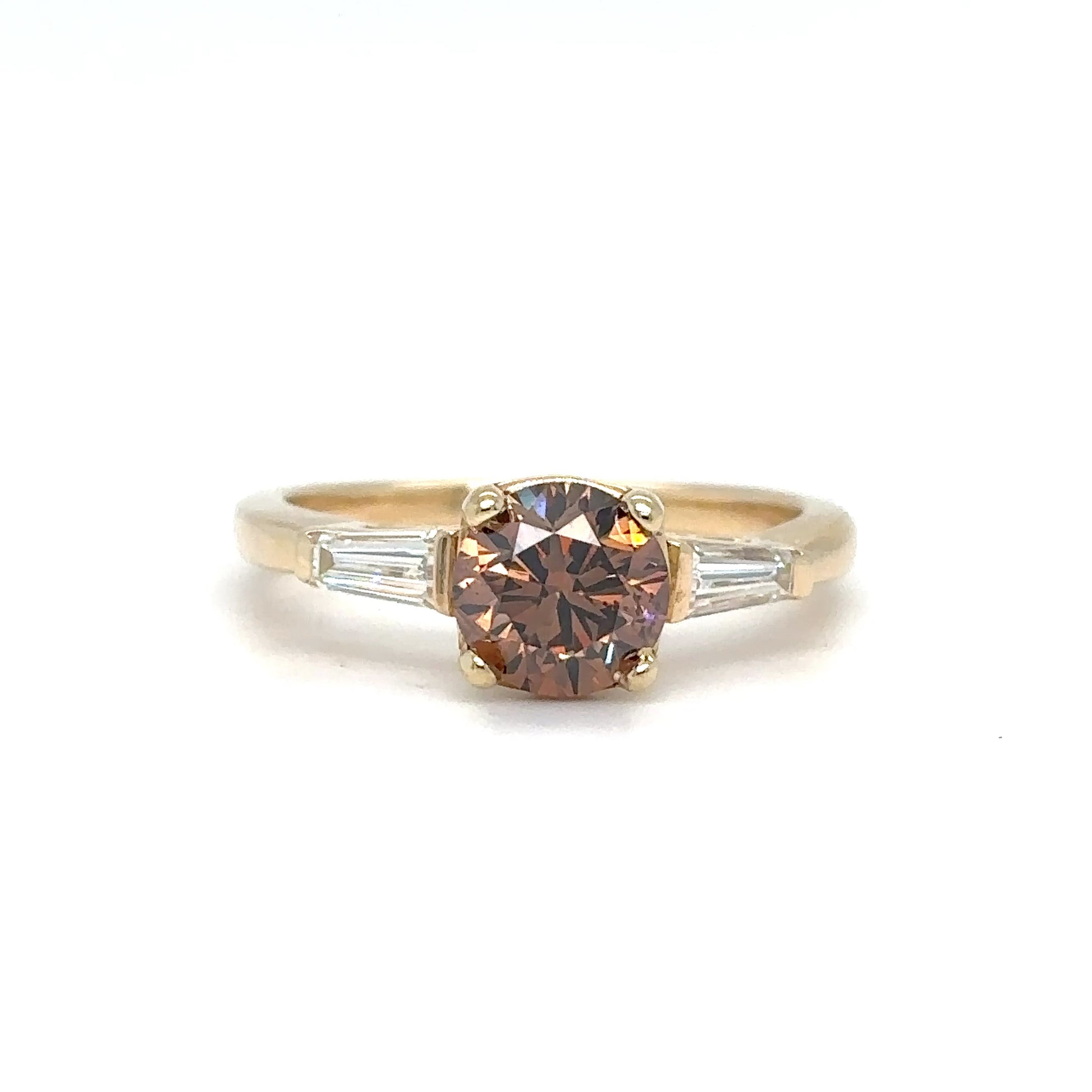 14KY 1.76CTW FANCY DARK ORANGE BROWN ROUND-BAGUETTE RING