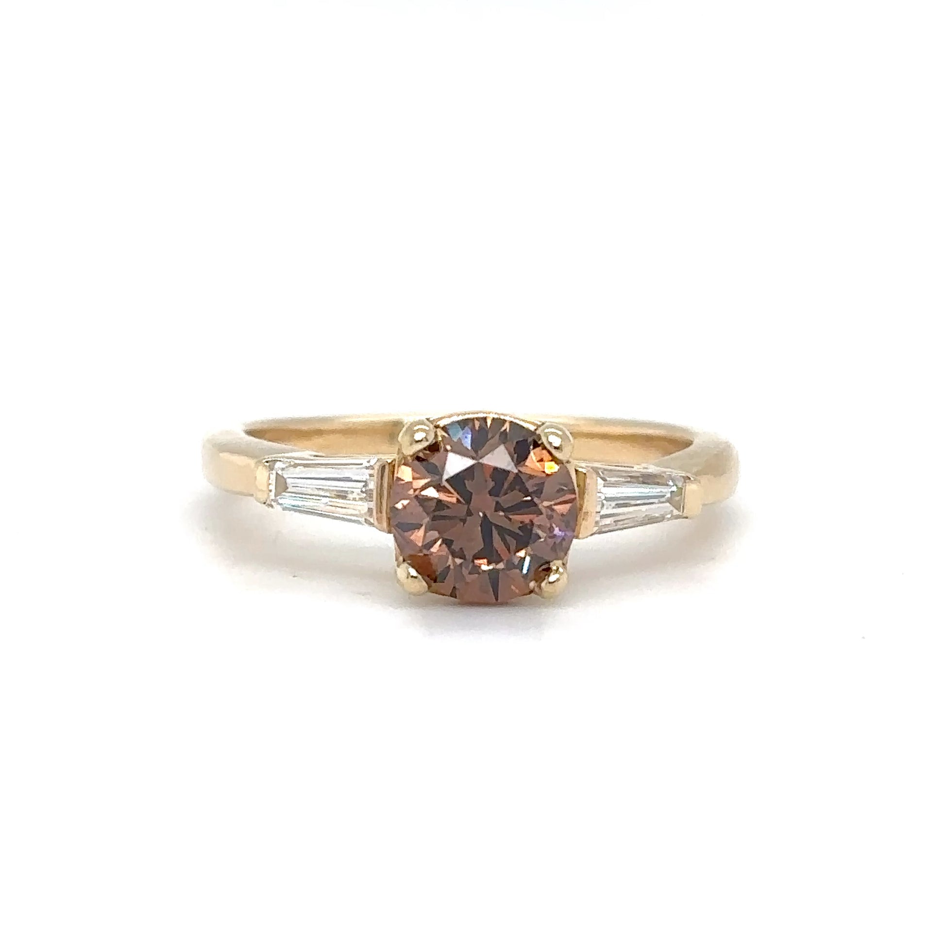 14KY 1.76CTW FANCY DARK ORANGE BROWN ROUND-BAGUETTE RING