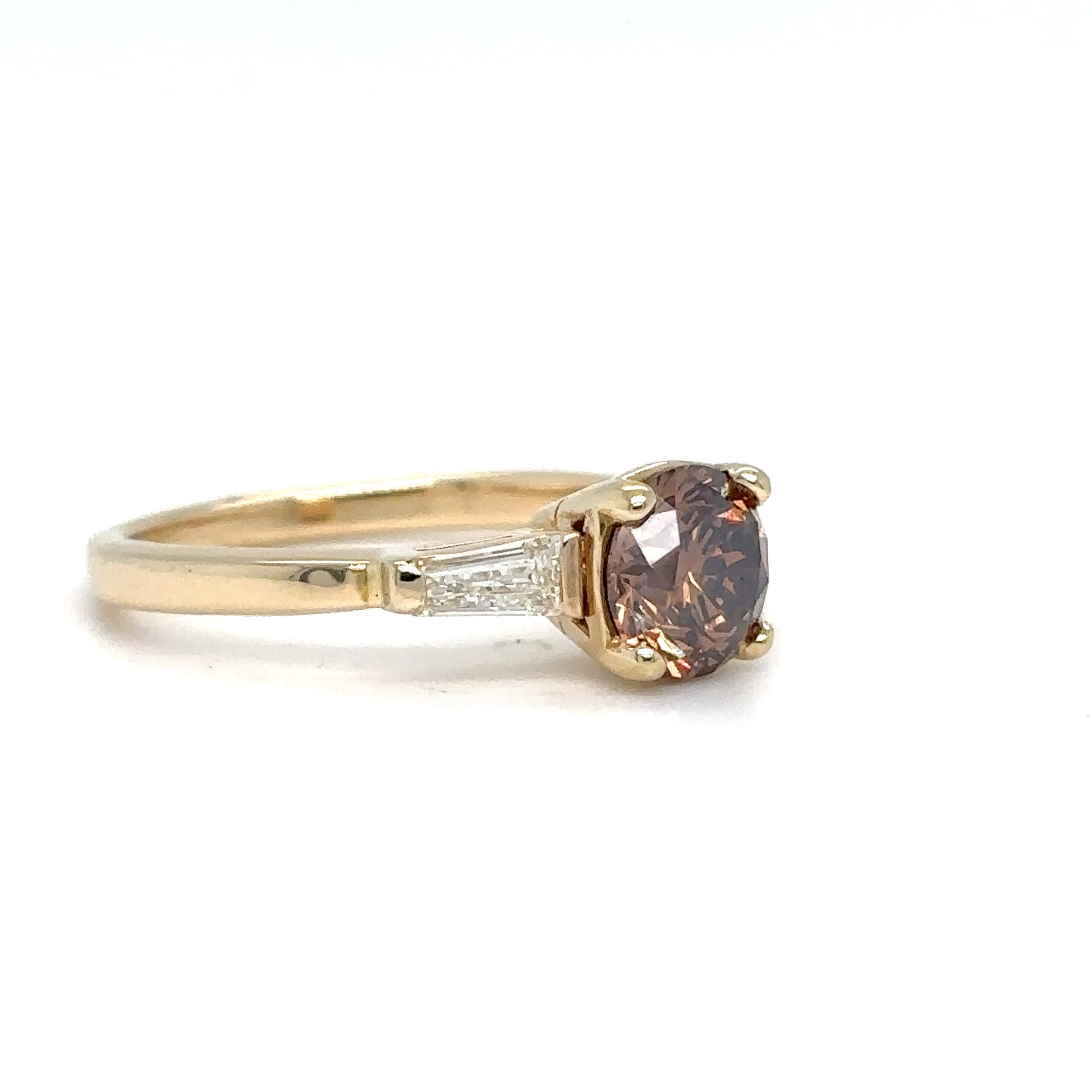 14KY 1.76CTW FANCY DARK ORANGE BROWN ROUND-BAGUETTE RING
