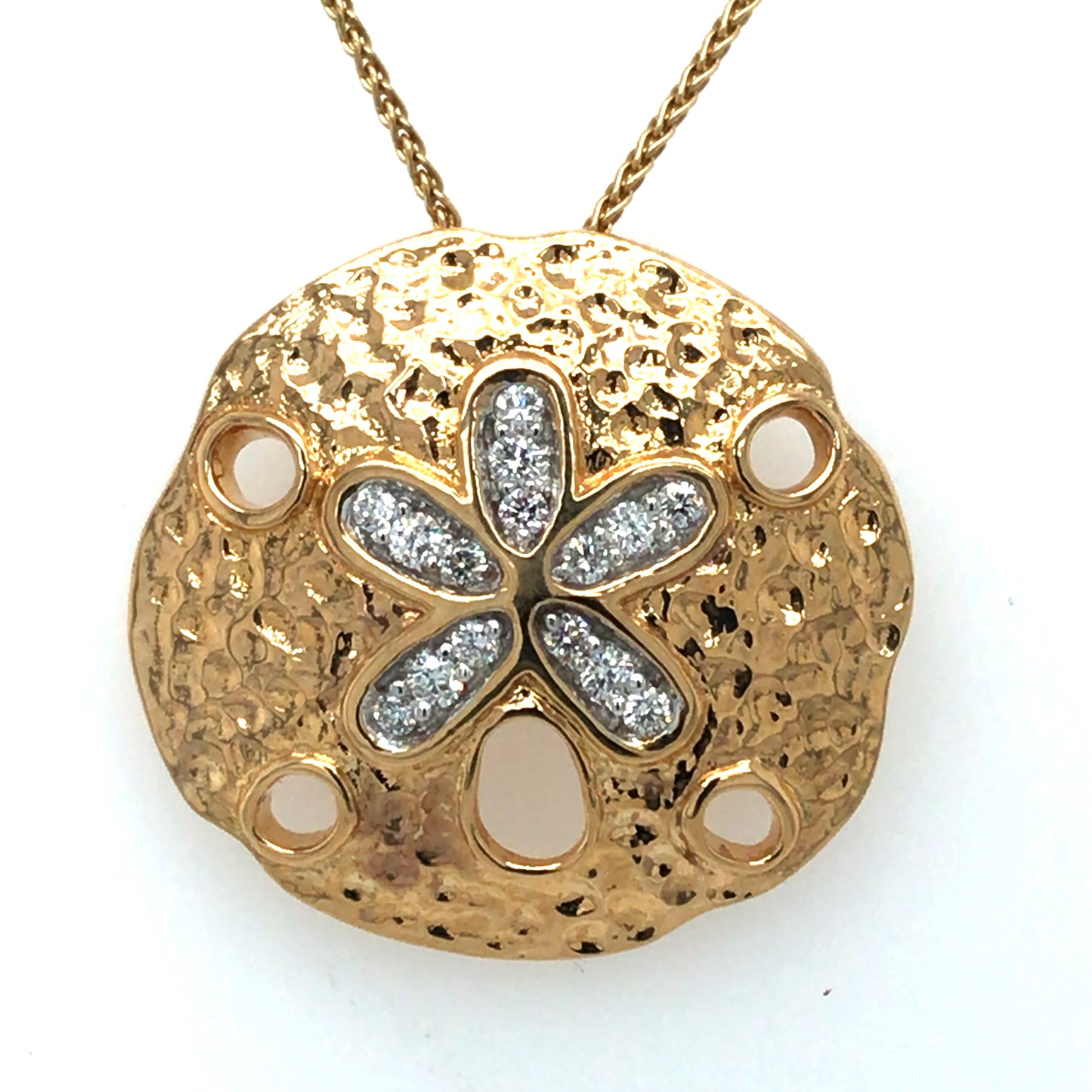 14KY 0.25CT DIAMOND HAMMERED SAND DOLLAR PENDANT SI/G-H 5.6G