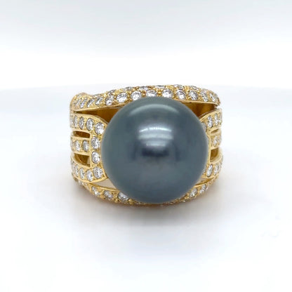 18KY 14.5MM BLACK SOUTH SEA PEARL-1.50CTW PAVE DIAMOND RING 17.6G