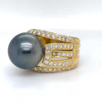 18KY 14.5MM BLACK SOUTH SEA PEARL-1.50CTW PAVE DIAMOND RING 17.6G