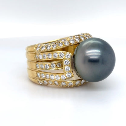 18KY 14.5MM BLACK SOUTH SEA PEARL-1.50CTW PAVE DIAMOND RING 17.6G