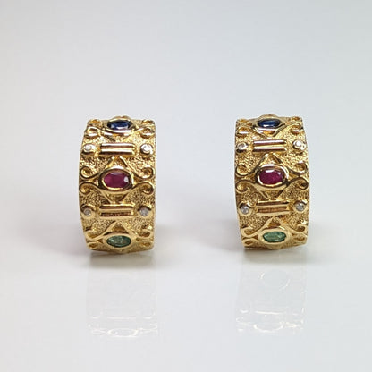 14KY 1.50CTW EMERALD-RUBY-SAPH & 0.10CTW DIAMOND EARRINGS 9.0G
