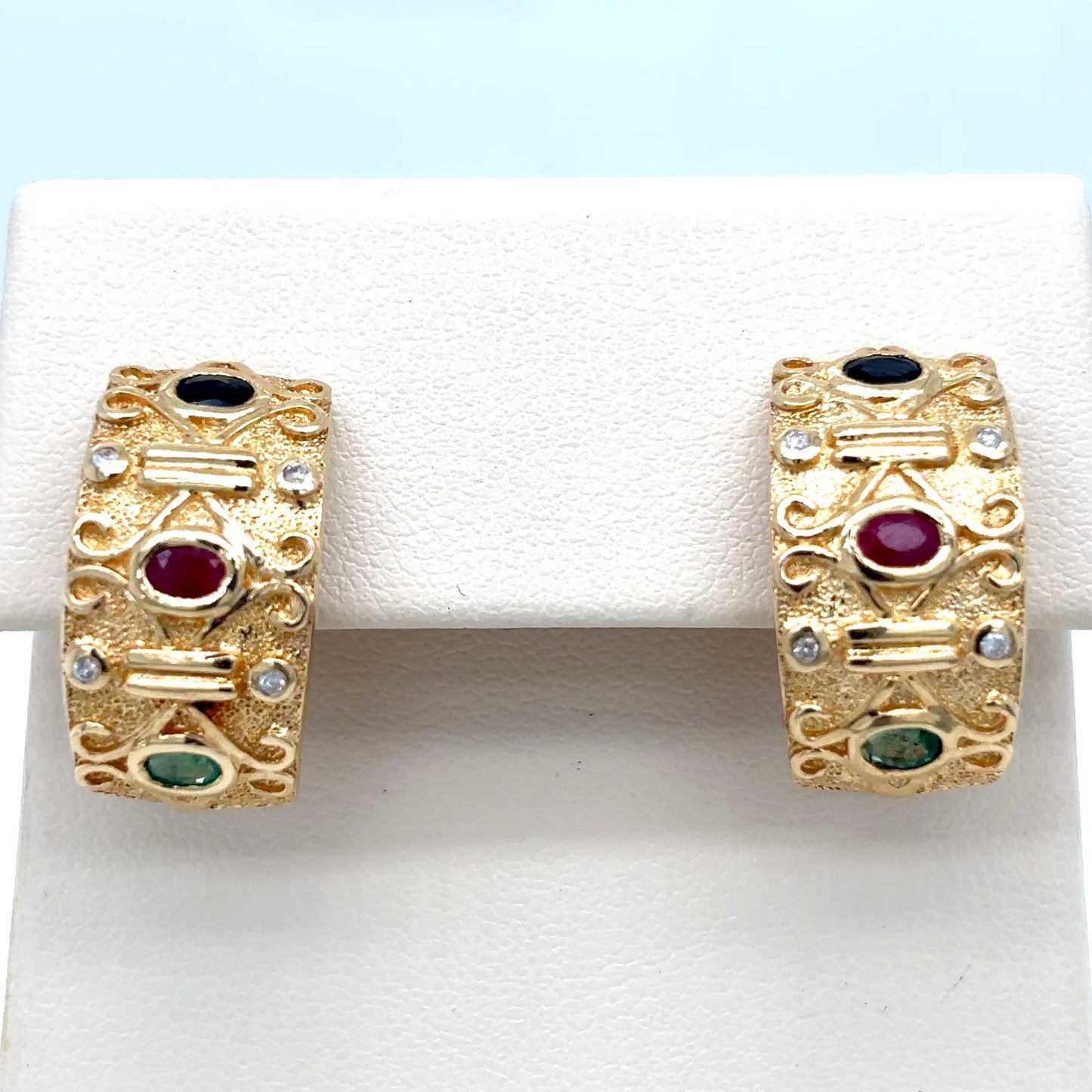 14KY 1.50CTW EMERALD-RUBY-SAPH & 0.10CTW DIAMOND EARRINGS 9.0G