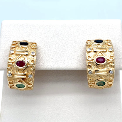 14KY 1.50CTW EMERALD-RUBY-SAPH & 0.10CTW DIAMOND EARRINGS 9.0G