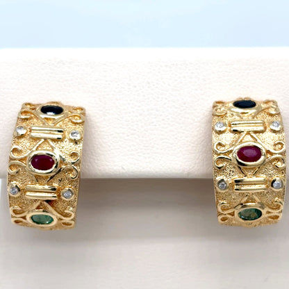 14KY 1.50CTW EMERALD-RUBY-SAPH & 0.10CTW DIAMOND EARRINGS 9.0G