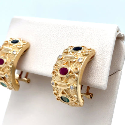 14KY 1.50CTW EMERALD-RUBY-SAPH & 0.10CTW DIAMOND EARRINGS 9.0G
