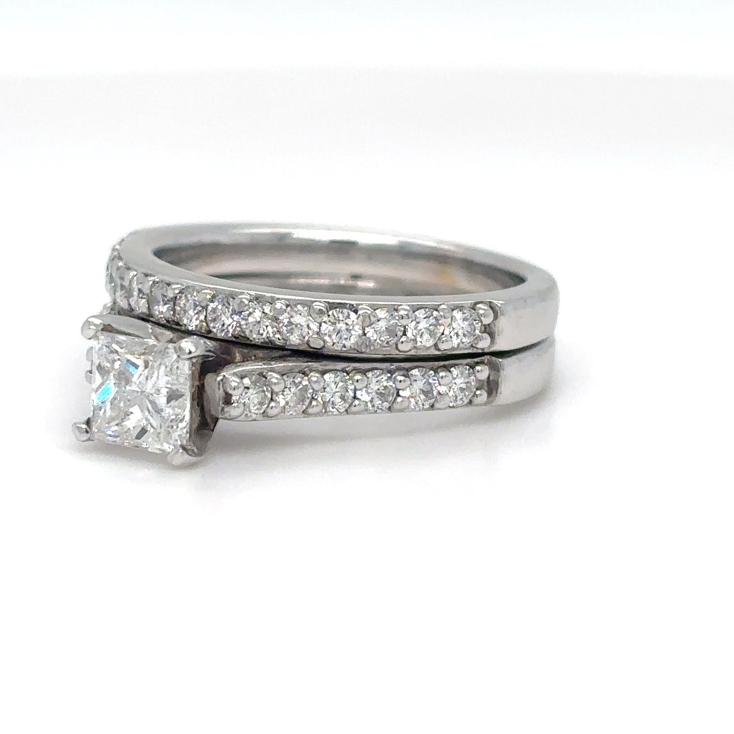 14KW 2PC 1.36CTW PRINCESS CUT-ROUND DIAMOND BRIDAL SET I1/H 6.4G