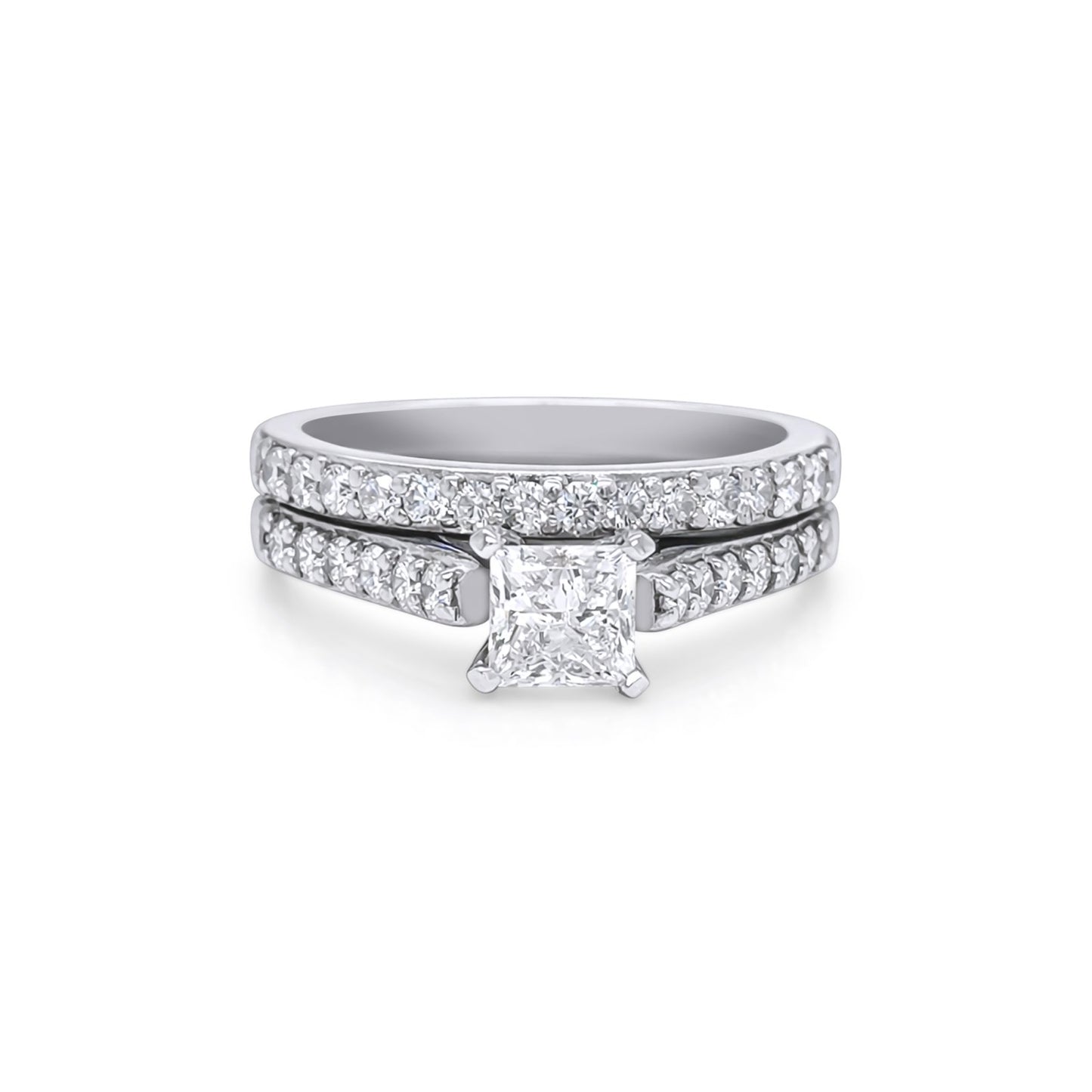 14KW 2PC 1.36CTW PRINCESS CUT-ROUND DIAMOND BRIDAL SET I1/H 6.4G
