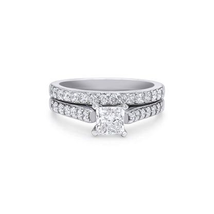 14KW 2PC 1.36CTW PRINCESS CUT-ROUND DIAMOND BRIDAL SET I1/H 6.4G