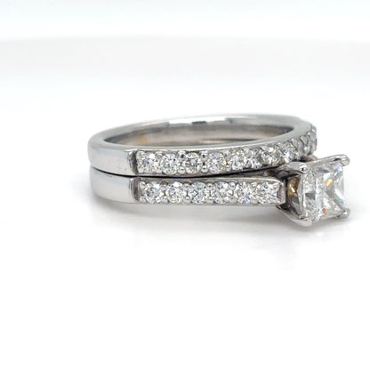 14KW 2PC 1.36CTW PRINCESS CUT-ROUND DIAMOND BRIDAL SET I1/H 6.4G