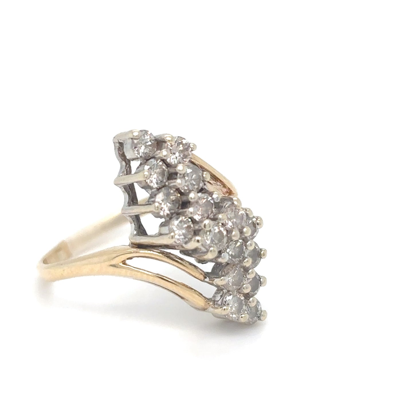 14KY 0.75CTW WATERFALL DIAMOND CLUSTER RING SI2-I1/J 3.9G
