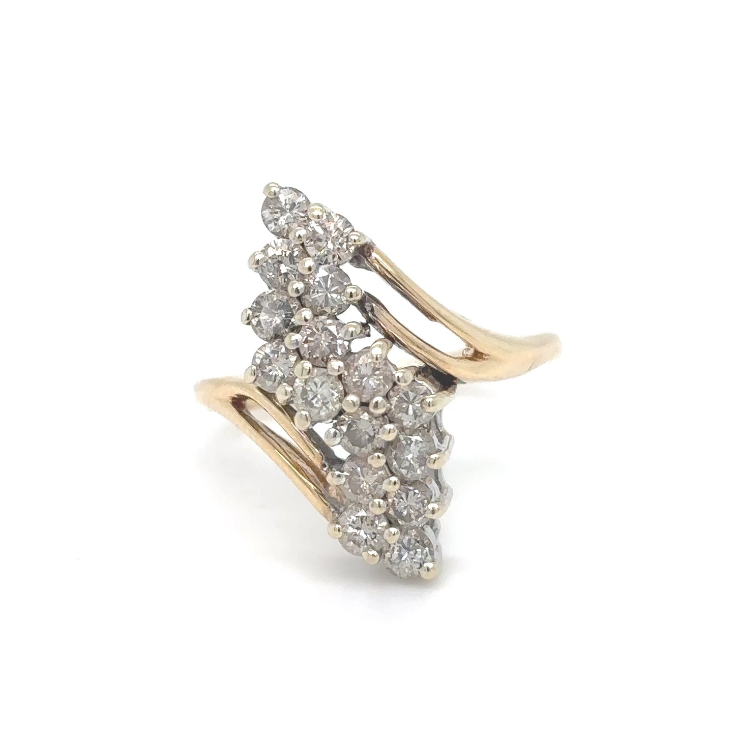14KY 0.75CTW WATERFALL DIAMOND CLUSTER RING SI2-I1/J 3.9G