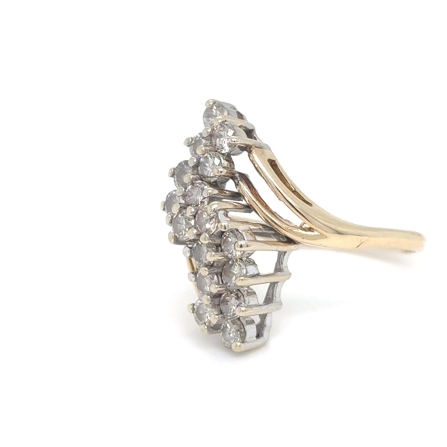 14KY 0.75CTW WATERFALL DIAMOND CLUSTER RING SI2-I1/J 3.9G