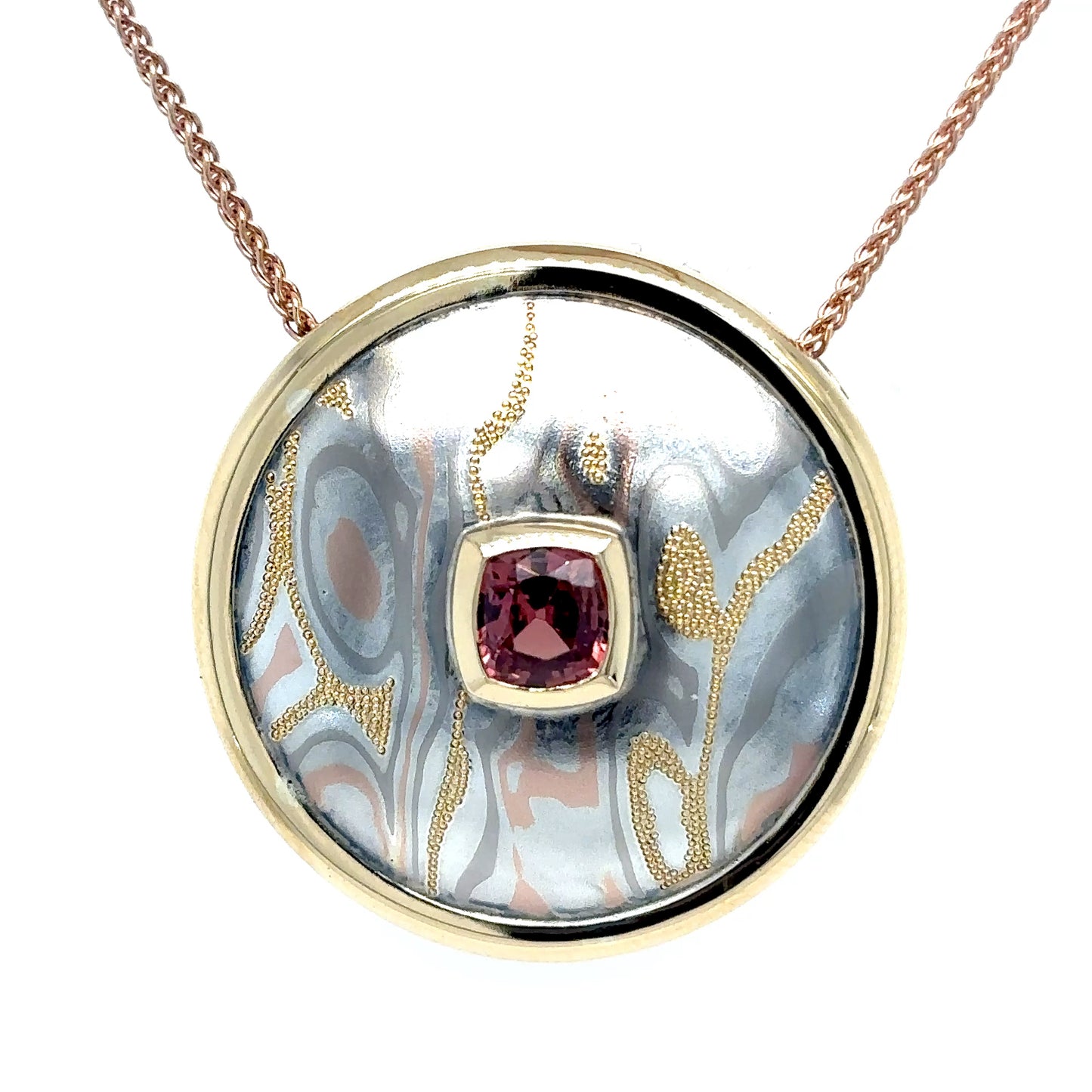 18KY 1.20CT CUSHION PADPARADSCHA SAPPHIRE MOKUME PENDANT 13.2G