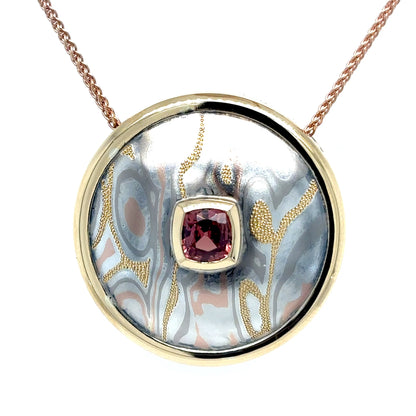 18KY 1.20CT CUSHION PADPARADSCHA SAPPHIRE MOKUME PENDANT 13.2G