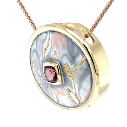 18KY 1.20CT CUSHION PADPARADSCHA SAPPHIRE MOKUME PENDANT 13.2G