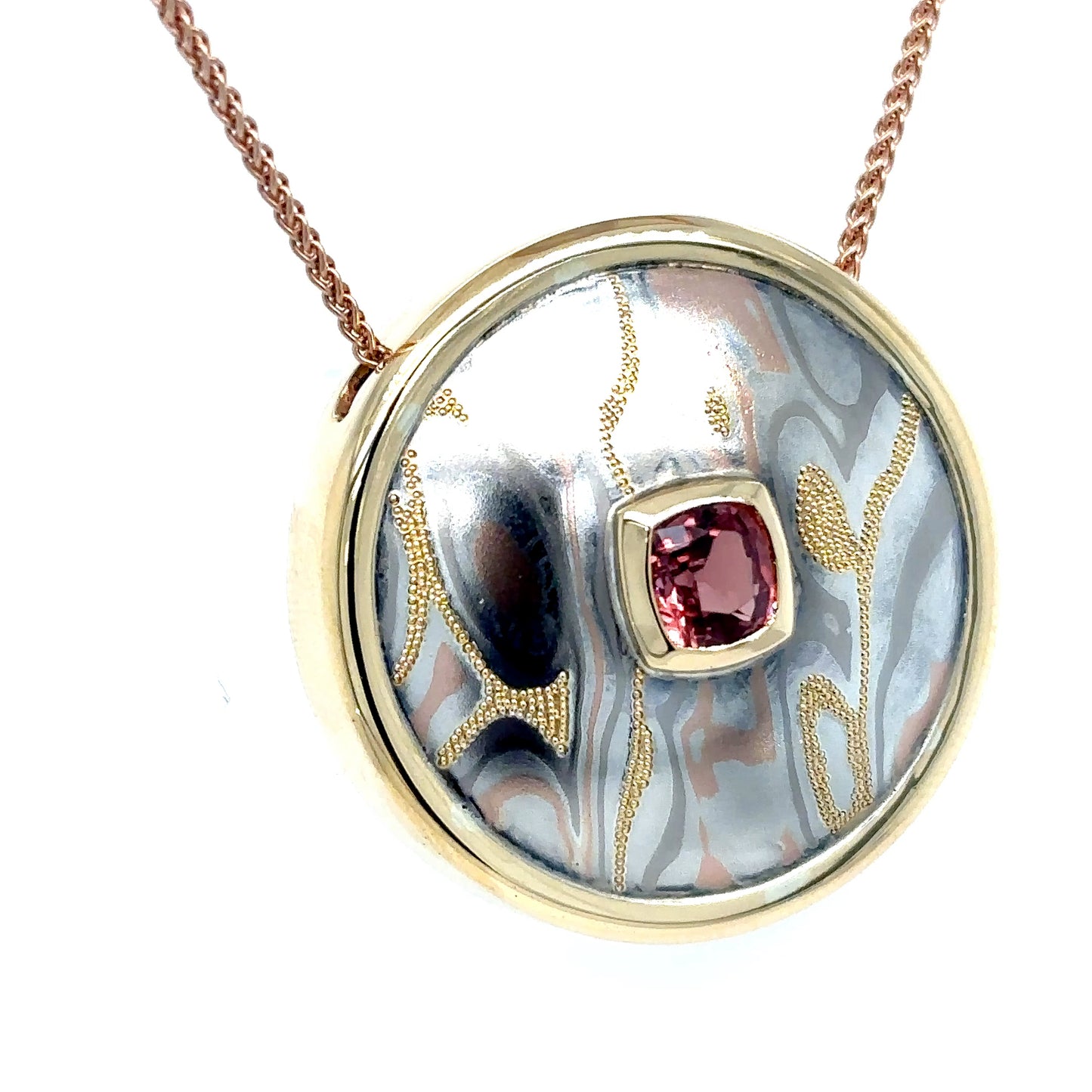 18KY 1.20CT CUSHION PADPARADSCHA SAPPHIRE MOKUME PENDANT 13.2G