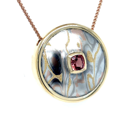 18KY 1.20CT CUSHION PADPARADSCHA SAPPHIRE MOKUME PENDANT 13.2G